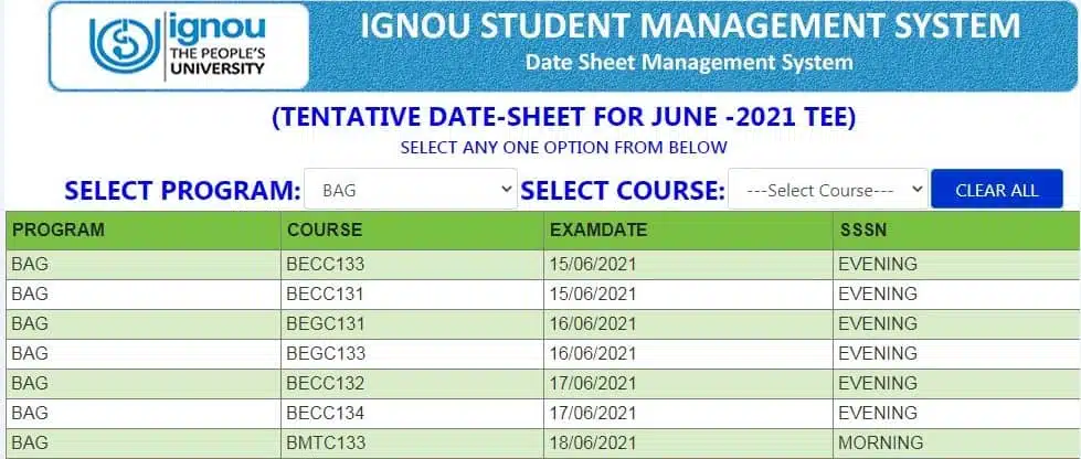 IGNOU date sheet June 2021