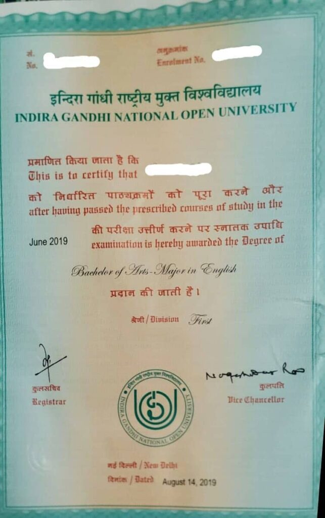 IGNOU Degree certificate image