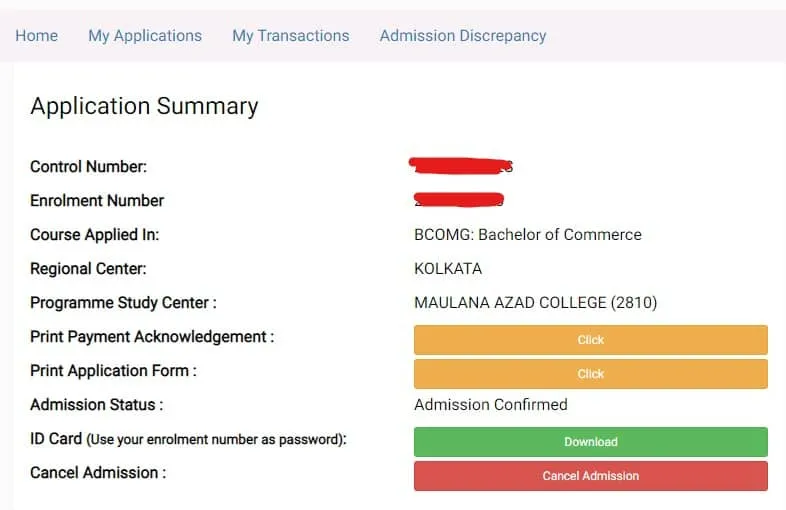 Admission confirmation page
