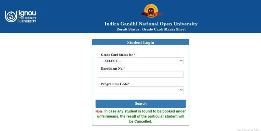 IGNOU Grade card status 2023-24