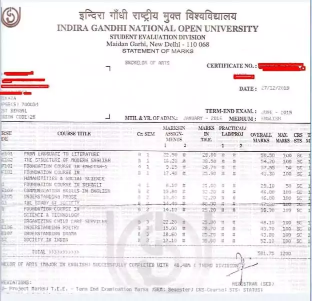 ignou marksheet image 1