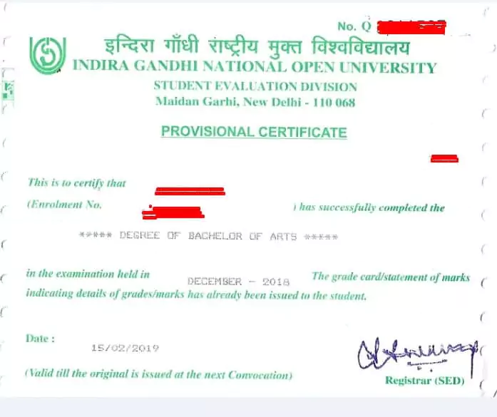 ignou provisional certificate