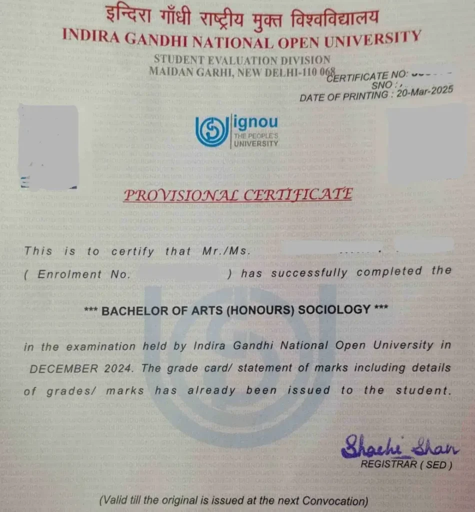 IGNOU provisional certificate