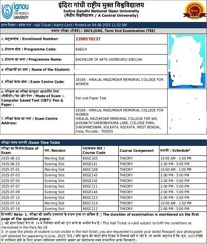 ignou hall ticket June 2025